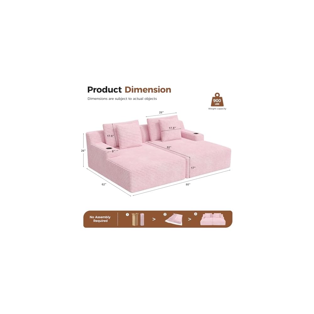 Nebuaegis 80'' Double Chaise Lounge Chair Indoor, Boneless Sofa Chair-Pink