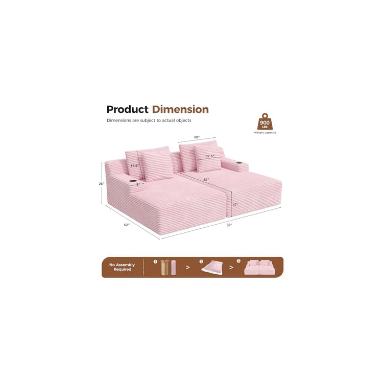 Nebuaegis 80'' Double Chaise Lounge Chair Indoor, Boneless Sofa Chair-Pink