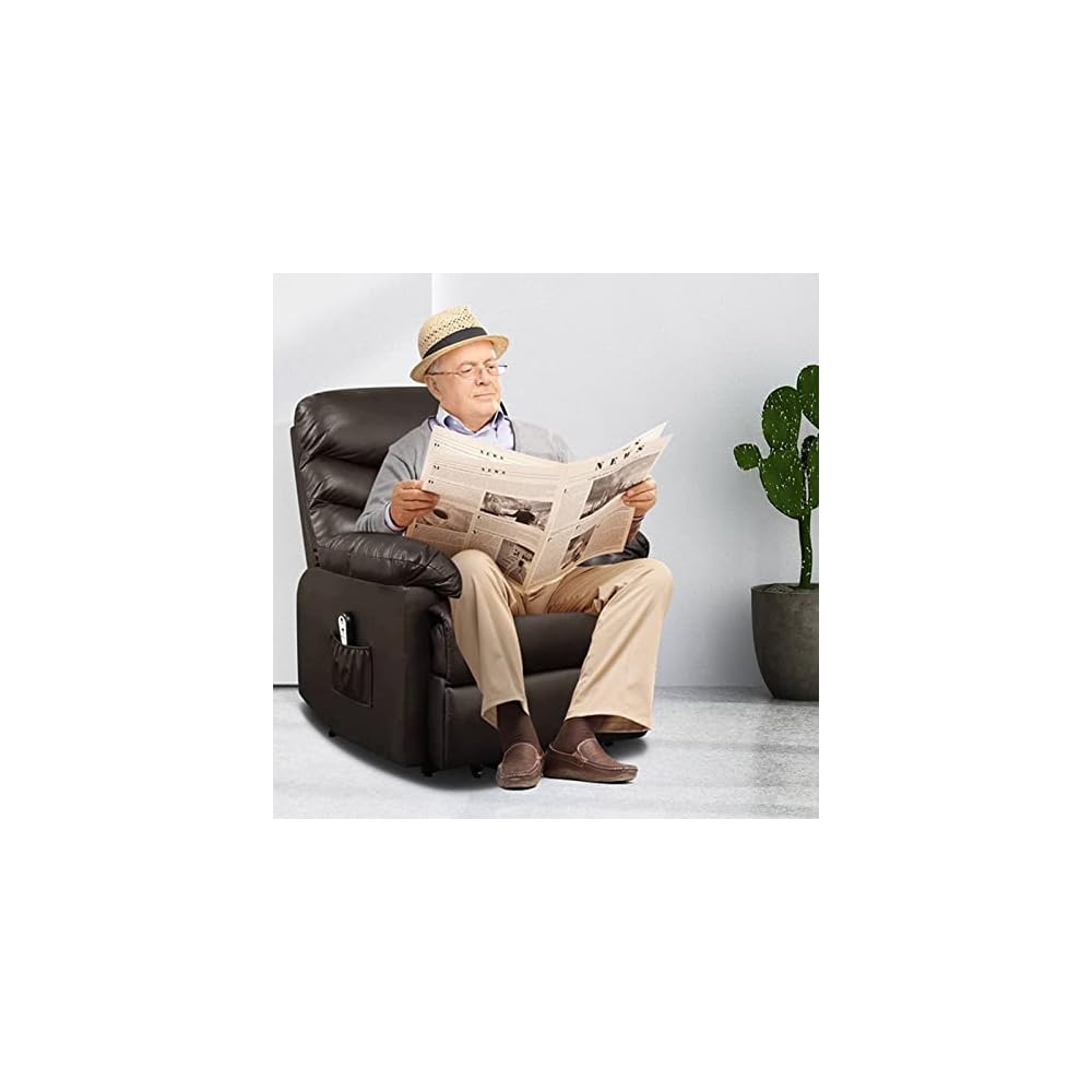Electric Lift Recliner Faux Leather Power Lift Chair for Elderly Multifunctional Fabric Sofa with Side Pocket Remote Control Khaki (Brown)