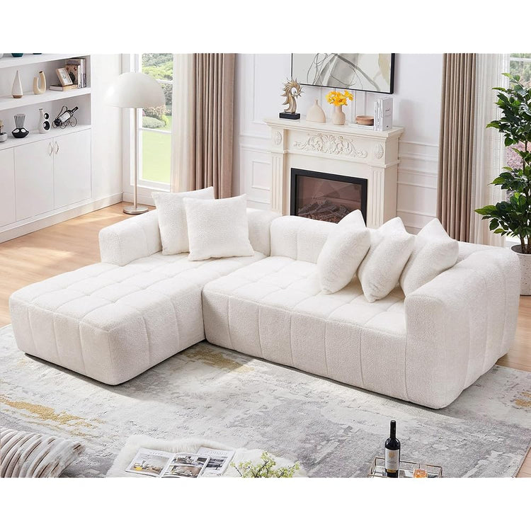 107” Modular Couch with Left Chaise, Oversized Sectional L-Shaped Corner Sofa Couch with Cushions & Pillows, Boucle Foam Boneless Compression Sofa for Living Room, Office, No Assembly, White