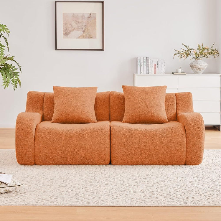 Modular Sectional Sofa for Living Room, 82.7" Loveseat Orange Boneless Cloud Couch, 2-Seat Teddy Fabric Sofa Deep Seat Curved Armrest,Streamlined Ergonomic Design